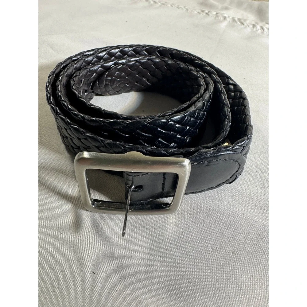 Mens Braided Leather Belt Size 36 Dark Brown Woven Silver Buckle Casual Classic
